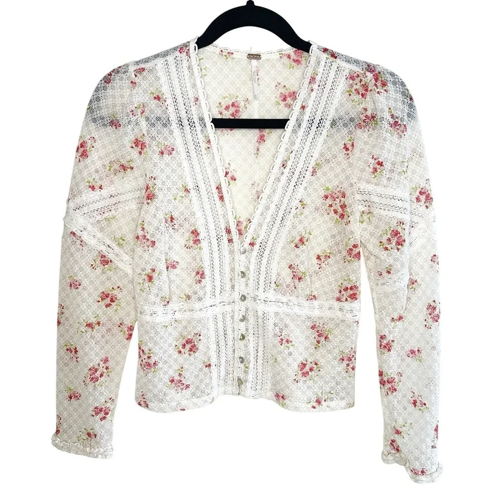 Free People Kika Printed Top Floral Lace Cardigan White Pink M Coquette Cutecore - Picture 2 of 16